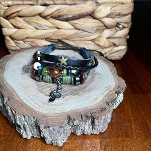 Treble Clef Star, 4-Strand, beaded adjustable Leather and Cord Bracelet.